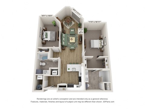 Floor plan for 2 beds, 2 baths, 1199 sqft